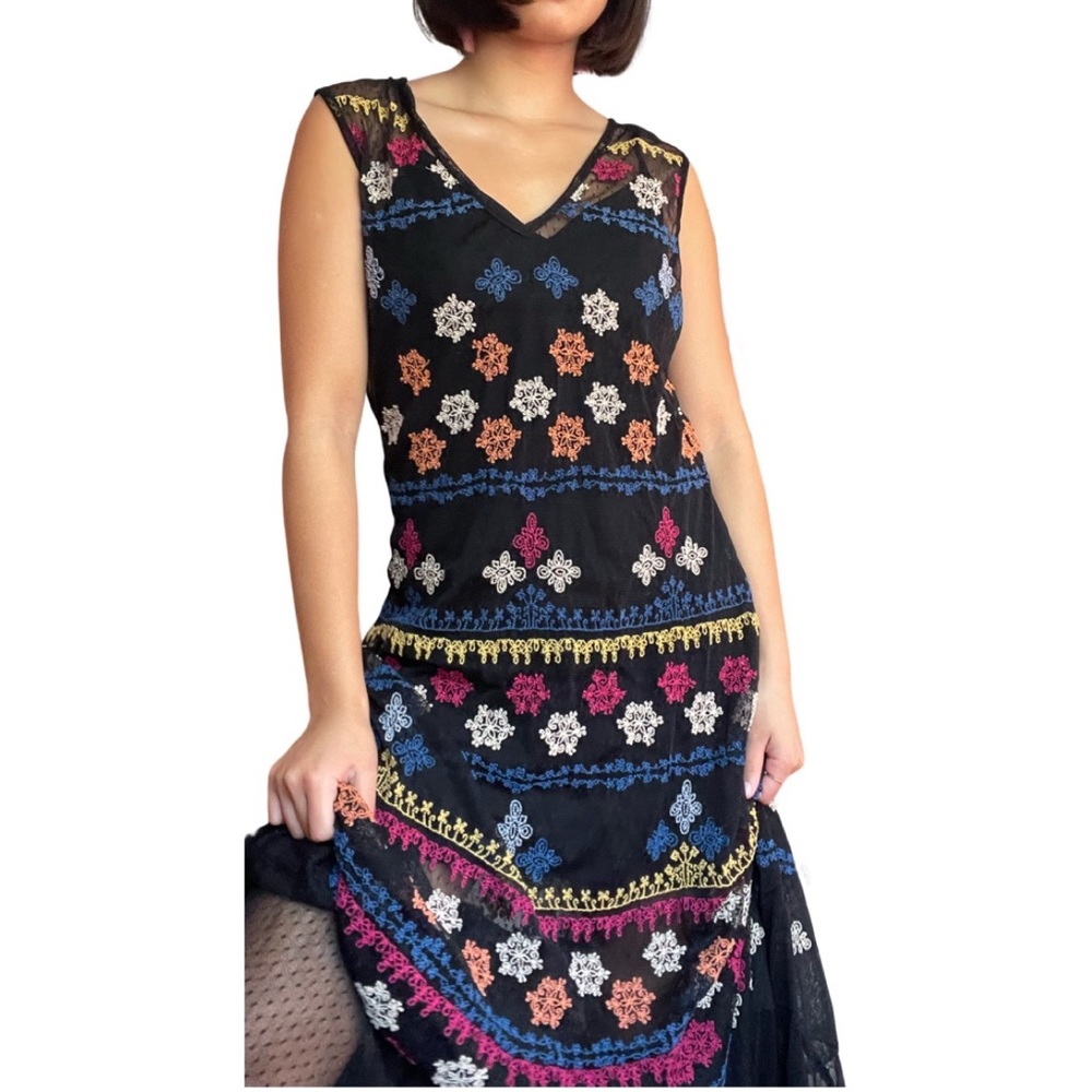 Sundance Boho Embroidered Black Mesh Maxi Dress